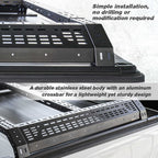 Stainless steel low profile r5 rack with text on a light gray background