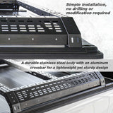 Stainless steel low profile r5 rack with text on a light gray background