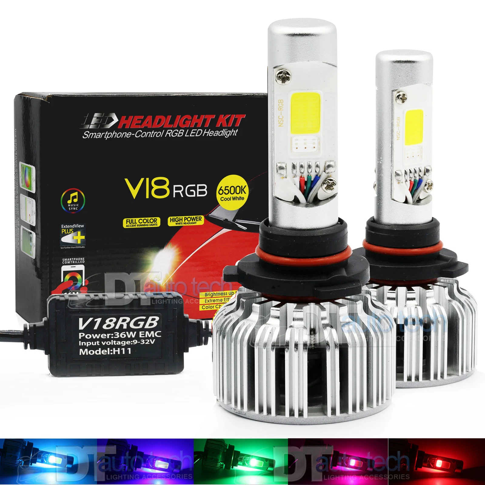 Smartphone-Control RGB LED Headlight Kit with two H11 bulbs and a control box on a white background.