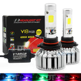 Smartphone-Control RGB LED Headlight Kit with two H11 bulbs and a control box on a white background.