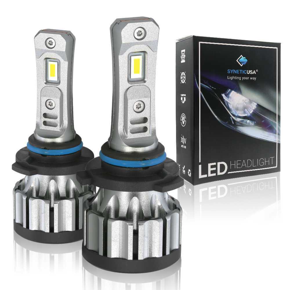 Two 9005 LED headlight bulbs with a Synetic USA packaging box on a white background