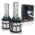 Two 9005 LED headlight bulbs with a Synetic USA packaging box on a white background