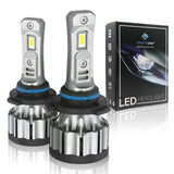 Two 9005 LED headlight bulbs with a Synetic USA packaging box on a white background
