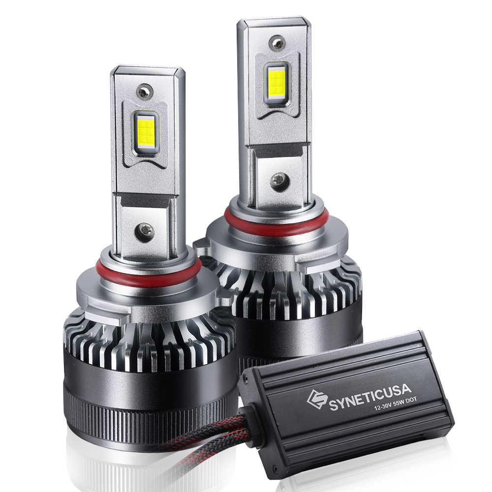 Two car  9005 headlight bulbs with a control unit on a white background, featuring the Syneticusa brand.
