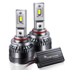 Two car  9005 headlight bulbs with a control unit on a white background, featuring the Syneticusa brand.