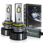 9005 LED headlight bulbs with packaging on a white background