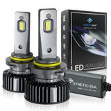 9005 LED headlight bulbs with packaging on a white background