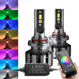 9005 hb3 LED headlight bulbs with color-changing lights and a smartphone app interface.