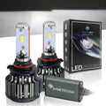 SYNETICUSA LED 9005 headlight bulbs with packaging on a reflective surface