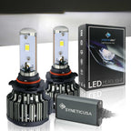 SYNETICUSA LED 9005 headlight bulbs with packaging on a reflective surface