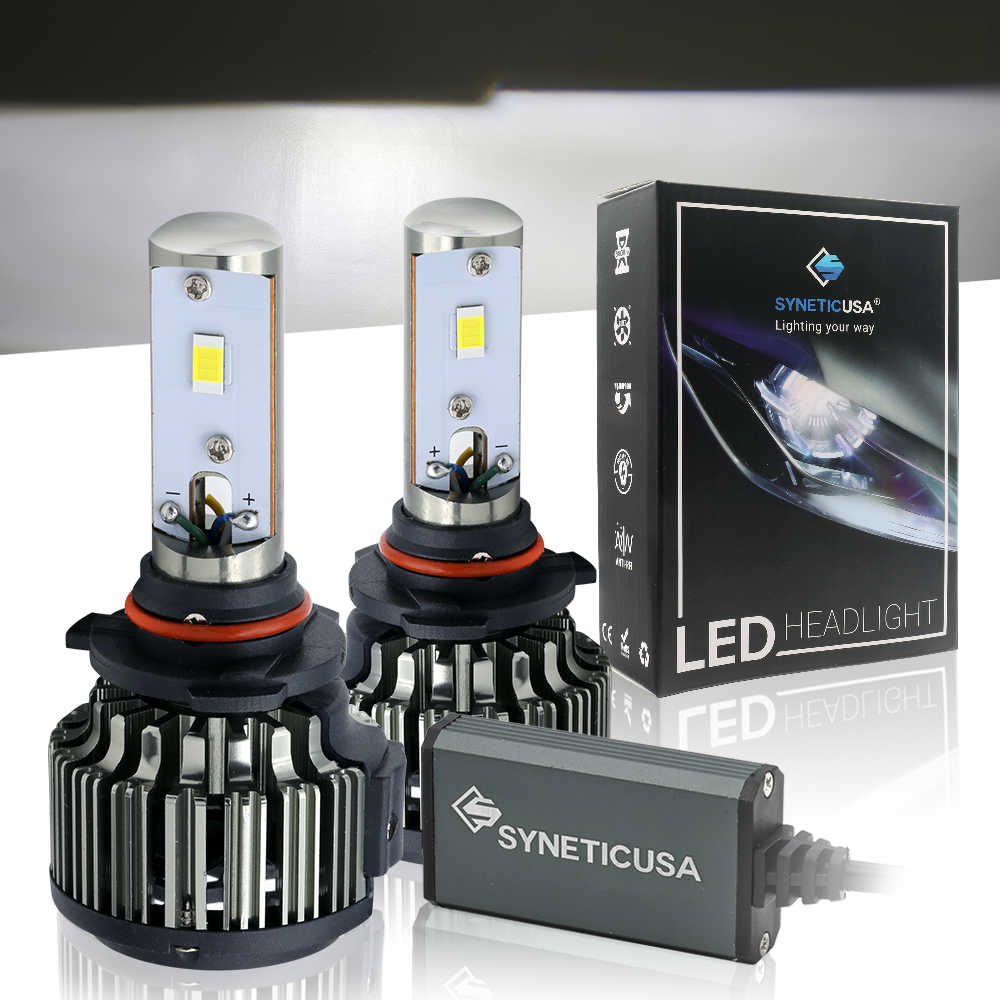 SYNETICUSA LED 9005 headlight bulbs with packaging on a reflective surface