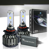 SYNETICUSA LED 9005 headlight bulbs with packaging on a reflective surface