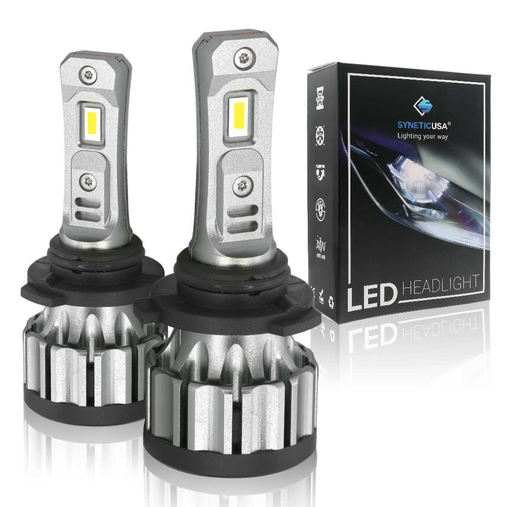 Two 9006 LED headlight bulbs with a Synetic USA packaging box on a white background