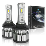 Two 9006 LED headlight bulbs with a Synetic USA packaging box on a white background