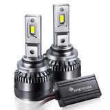 Two car 9006 headlight bulbs with a control unit on a white background, featuring the Syneticusa brand.