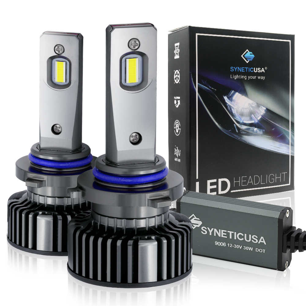 9006 HB4 LED headlight bulbs with packaging on a white background
