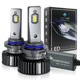 9006 HB4 LED headlight bulbs with packaging on a white background