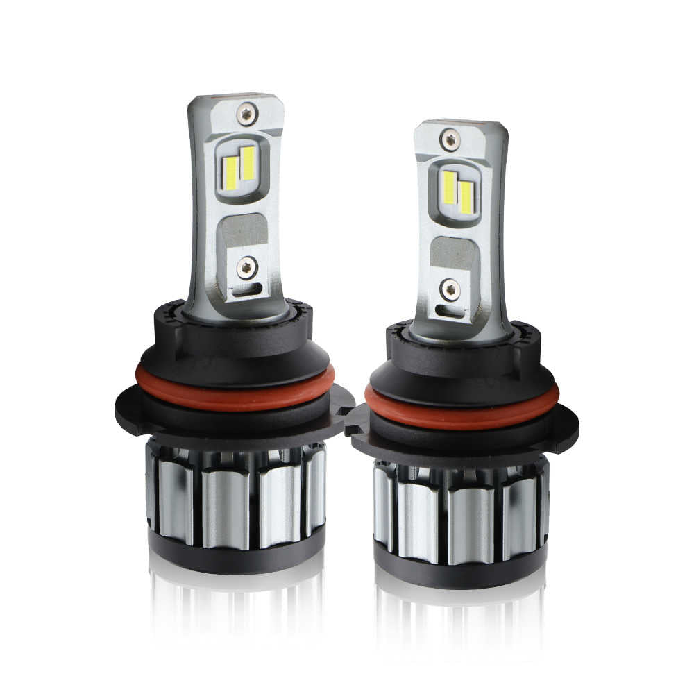 Two 9007  headlight bulbs with metallic and black design on a white background