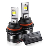 Two car 9007 headlight bulbs with SYNETIC USA packaging on a white background