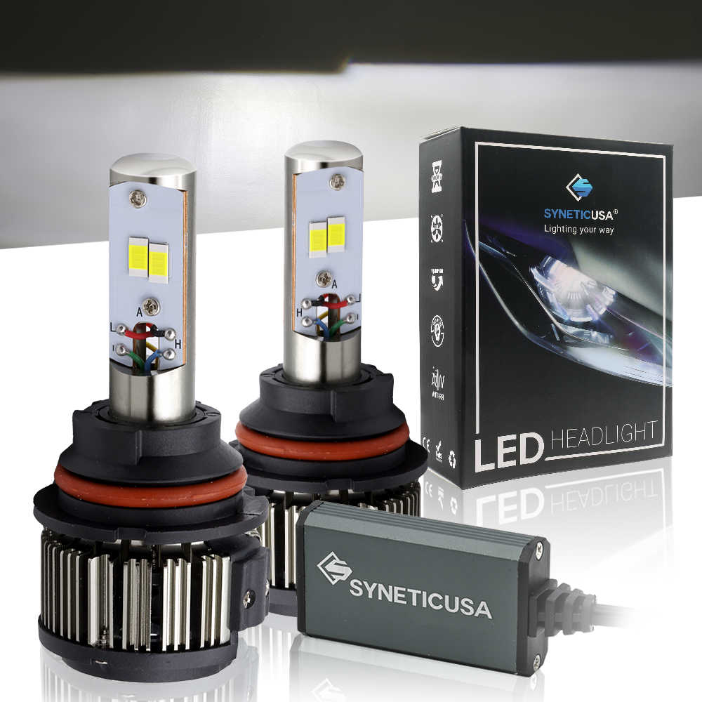 SYNETIC USA 9007 LED headlight bulbs and packaging on a reflective surface