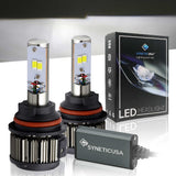 SYNETIC USA 9007 LED headlight bulbs and packaging on a reflective surface