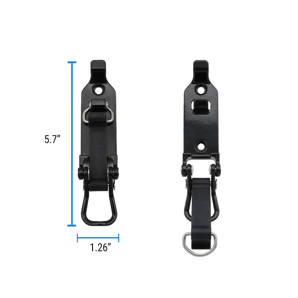 Two black metal strap-on hardware pieces shown on a white background, with blue dimension lines indicating 5.7 inches height and 1.