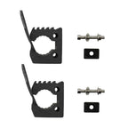 Two black metal mounting brackets with serrated edges, shown with two silver bolts and two black washers on a plain white background.