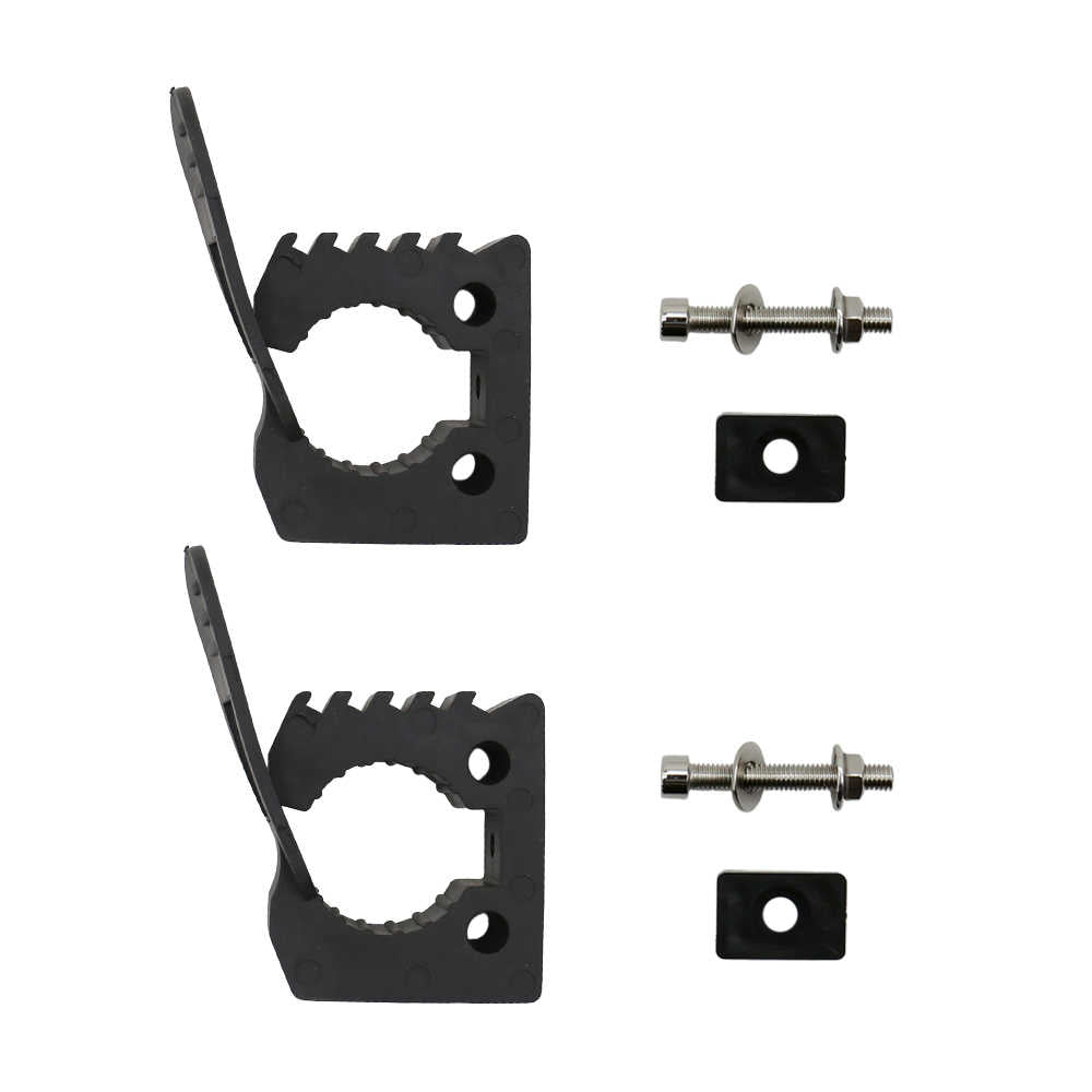 Two black metal mounting brackets with serrated edges, shown with two silver bolts and two black washers on a plain white background.