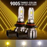 CSP LED fog lights with '9005 THREE-COLOR' text on a yellow background.