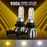 CSP LED fog lights with '9006 THREE-COLOR' text on a yellow and black background.