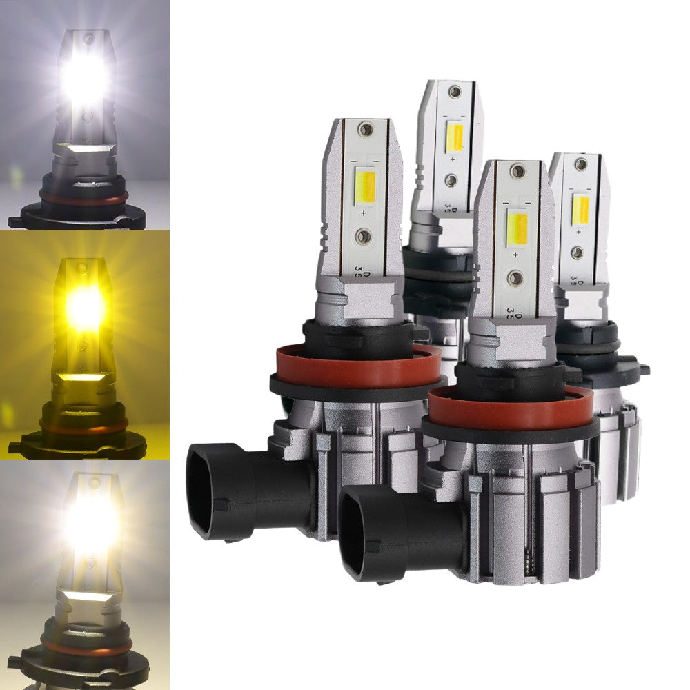Set of fog light bulbs with close-up shots of light output on a white background