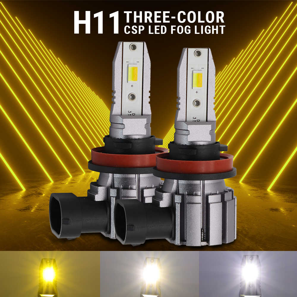 H11 three-color CSP LED fog lights with a yellow light effect in the background.