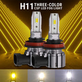 H11 three-color CSP LED fog lights with a yellow light effect in the background.