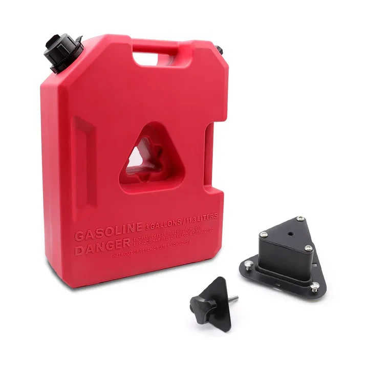 Red 3-gallon gasoline can with mounting bracket and cap, ideal for truck and off-road vehicle fuel storage