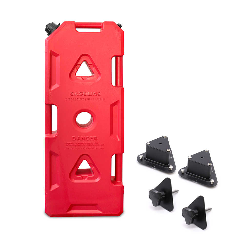 Red 5-gallon gasoline can with mounting brackets for truck or off-road use