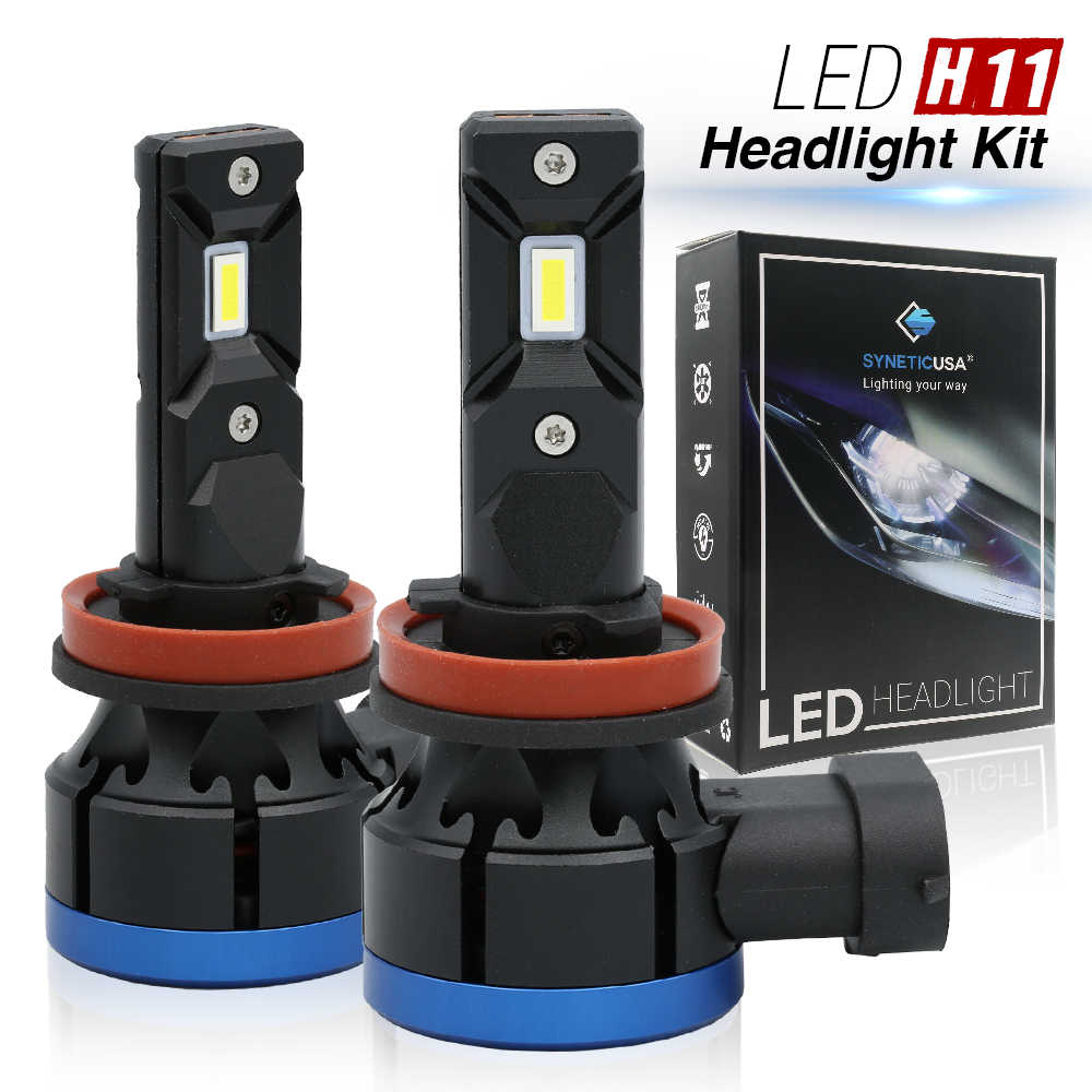 Two LED H11 headlight bulbs with a box in the background on a white background