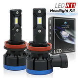 Two LED H11 headlight bulbs with a box in the background on a white background