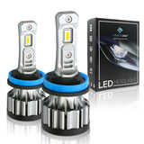 Two H11 LED headlight bulbs with a Synetic USA packaging box on a white background