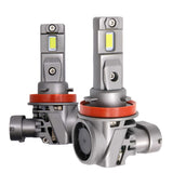Two car headlight bulbs with red accents on a white background