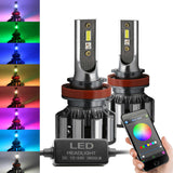 H11 H8 H9 LED headlight bulbs with smartphone app control and color-changing lights.