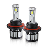 Two H13 headlight bulbs with silver and black design on a white background