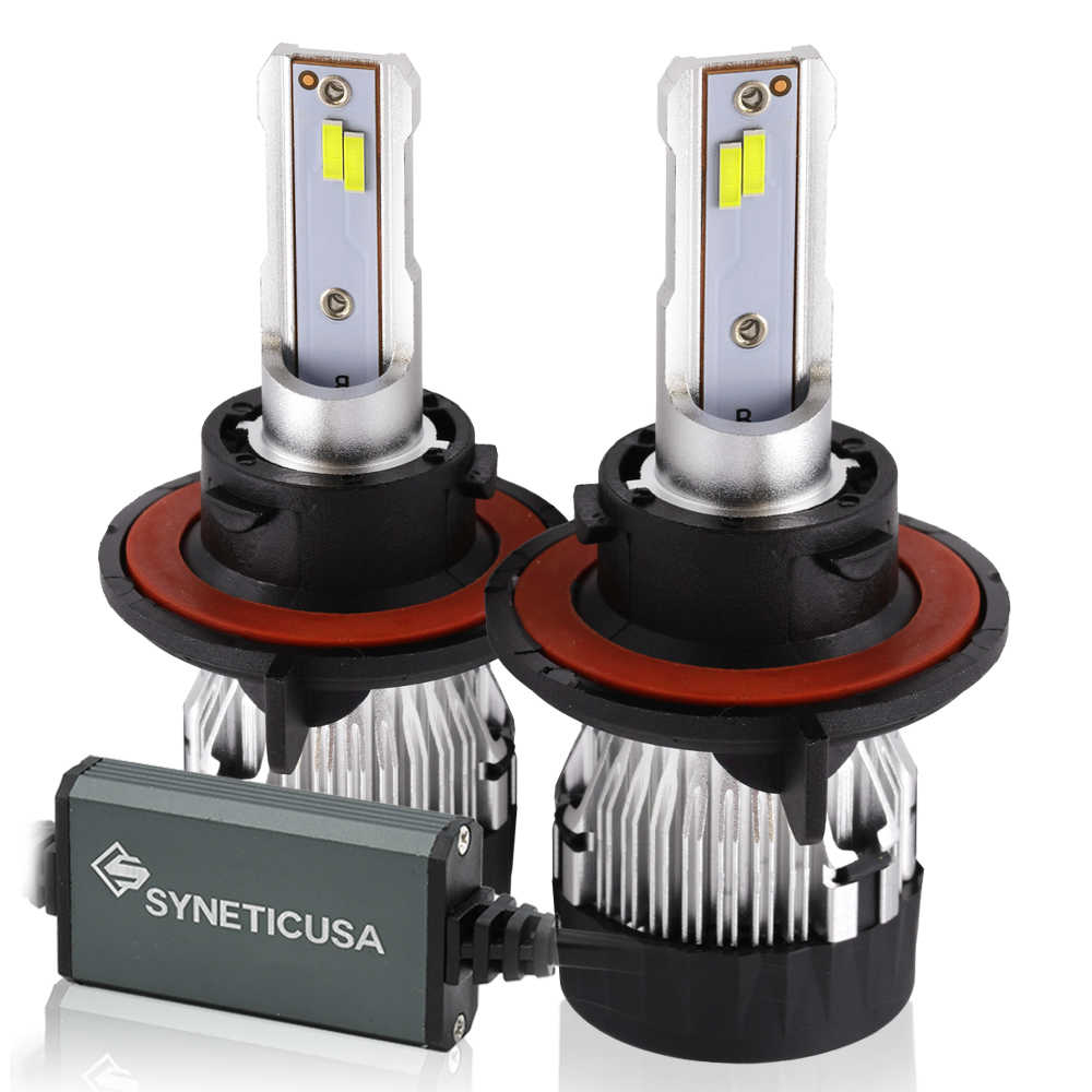 Two Z8 series led H13 9008 headlight bulbs with Synetic USA logo on a white background