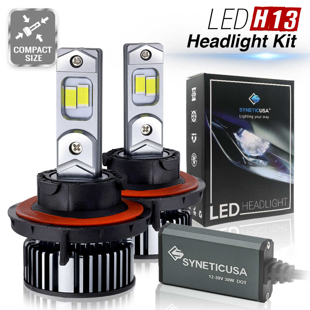 LED H13 Headlight Kit with packaging and components on a white background