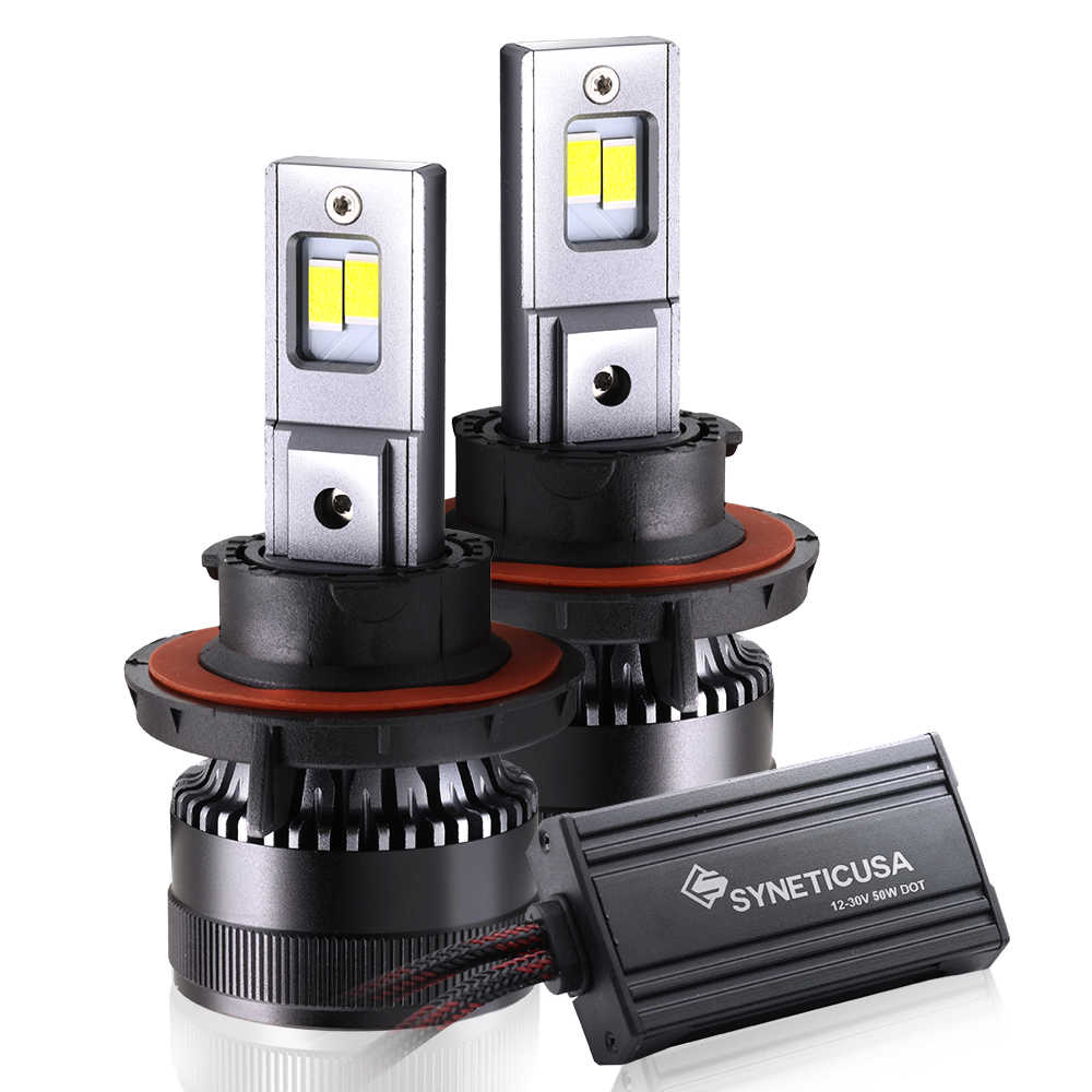 Two H13 9008 headlight bulbs with a driver connector on a white background, featuring the SYNETIC USA brand.