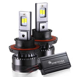 Two H13 9008 headlight bulbs with a driver connector on a white background, featuring the SYNETIC USA brand.