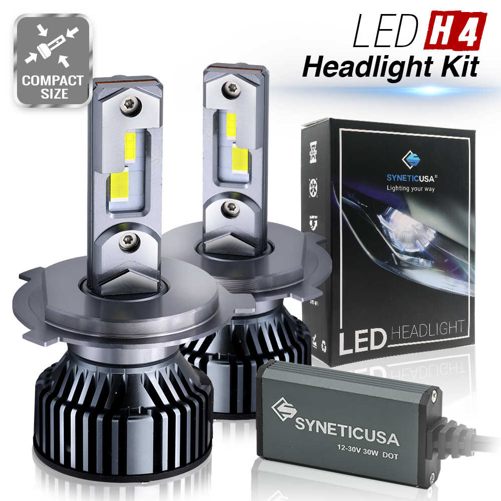 LED H4 Headlight Kit with packaging and compact size indicator on a white background