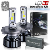 LED H4 Headlight Kit with packaging and compact size indicator on a white background