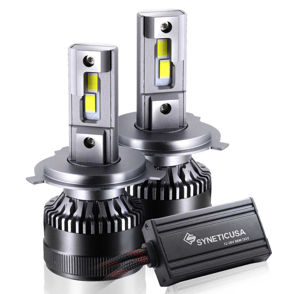Two H4 9003 headlight bulbs with a control module on a white background, branded 'SYNETIC USA'.