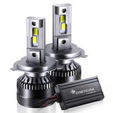 Two H4 9003 headlight bulbs with a control module on a white background, branded 'SYNETIC USA'.