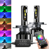 H4 9003 rgb LED headlight bulbs with color-changing lights and smartphone app control on a white background.